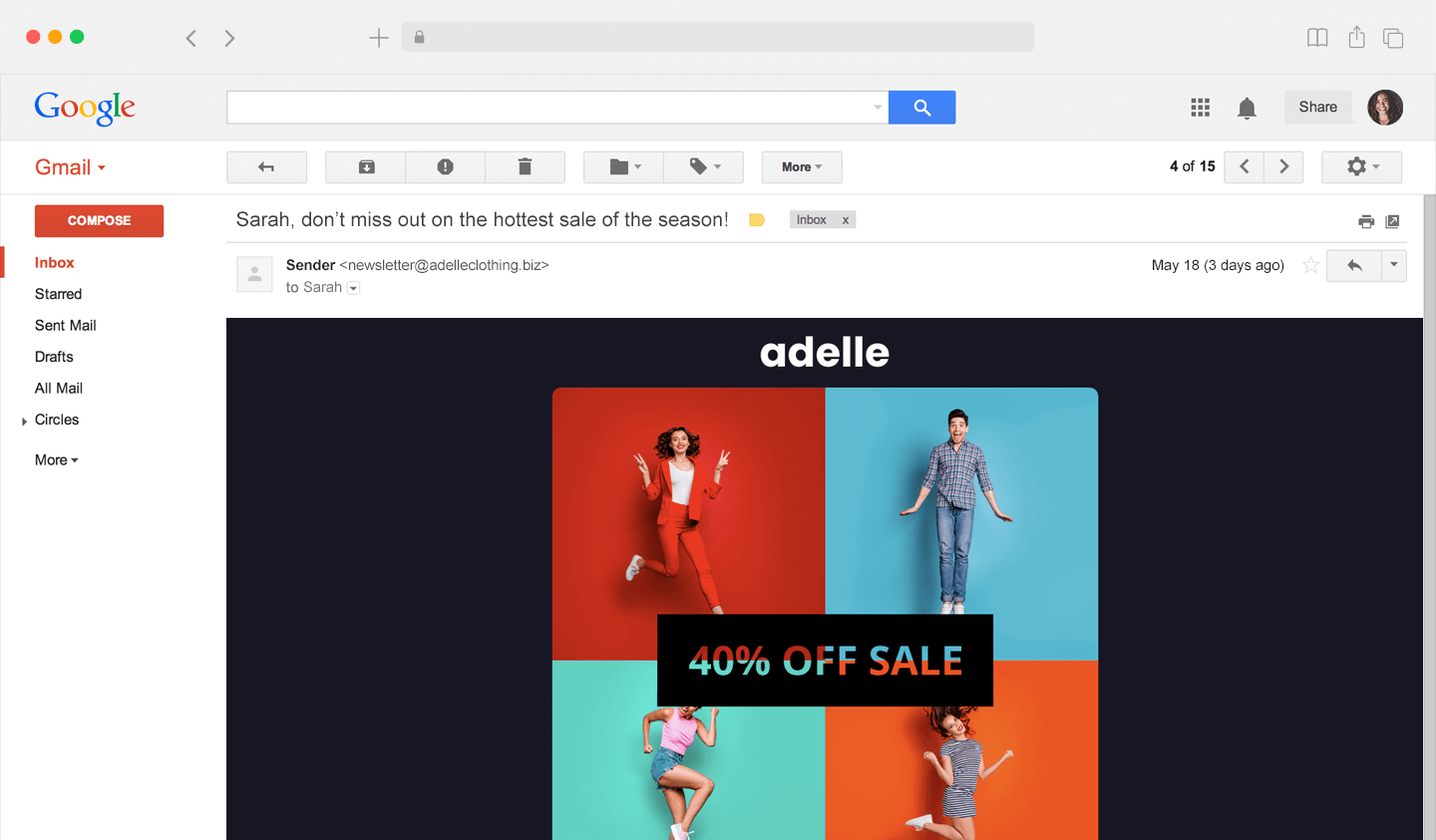 Example email marketing campaign for 40% off apparel sale