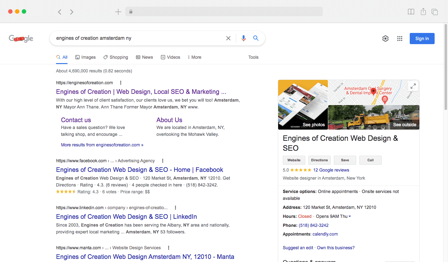 Google search result showing Google Business Places with Engines of Creation's listing and reviews