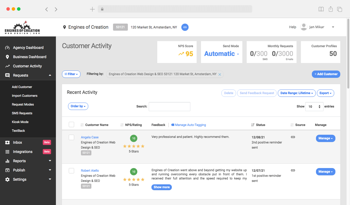 Reputation Manager tool admin screenshot showing reviews and NPS scores