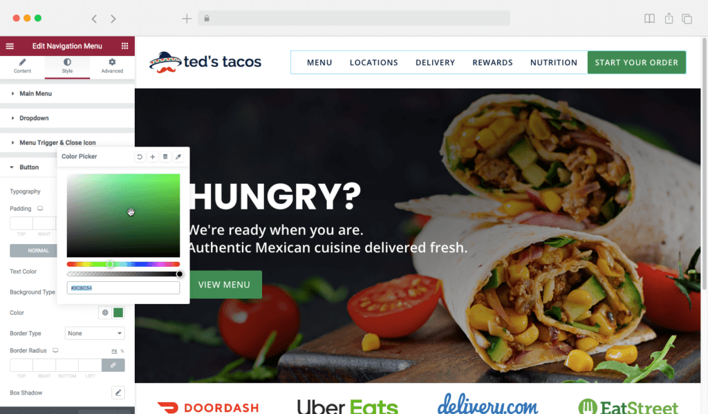 Example image of design editor and color picker for website CMS
